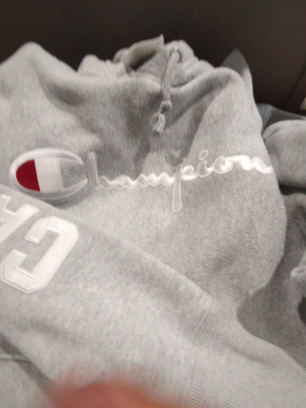 Champion Reverse Weave Grey Pullover Hoodie with Script Logo and Sleeve Large